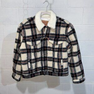 Levi's Women's SMALL Plaid Comfy Corner Ex-Boyfriend‎ Sherpa Trucker Jacket